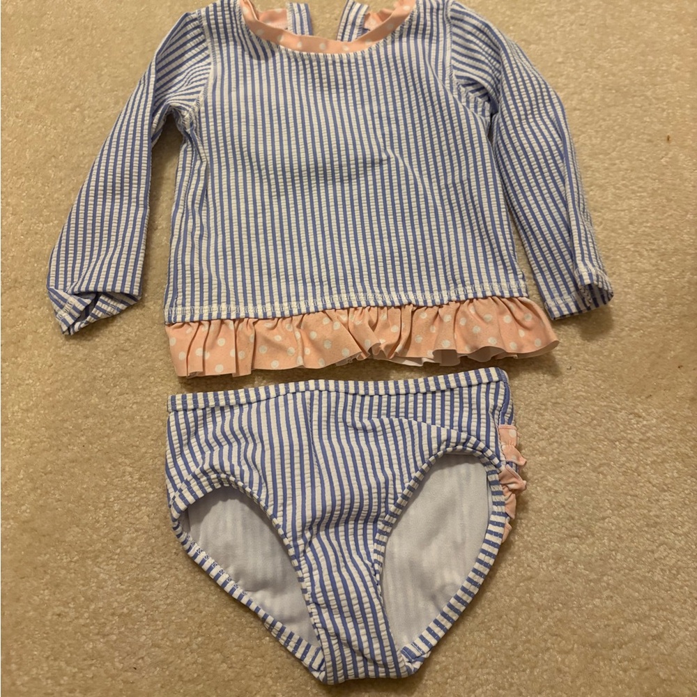 Rufflebutts Seersucker Long Sleeve Rash Guard 2-Piece Swimsuit